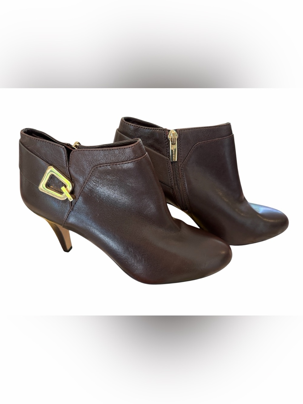 Women’s Dark Brown Soft Leather Ankle Booties with Gold Accent